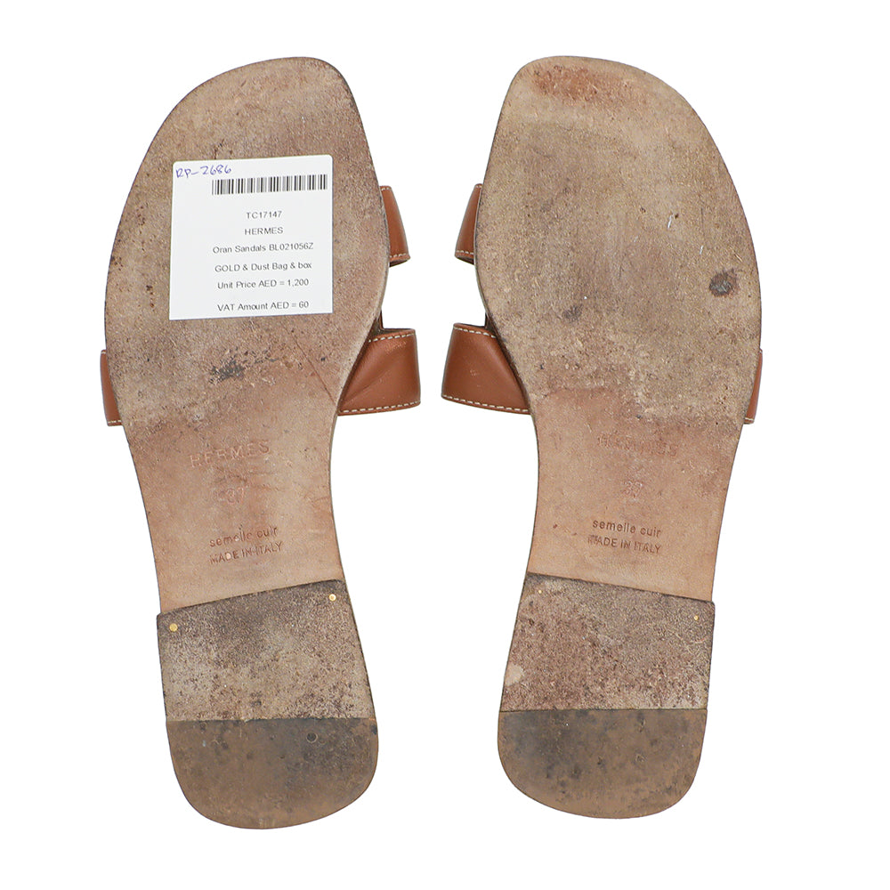 Hermes Gold Oran Sandals 37