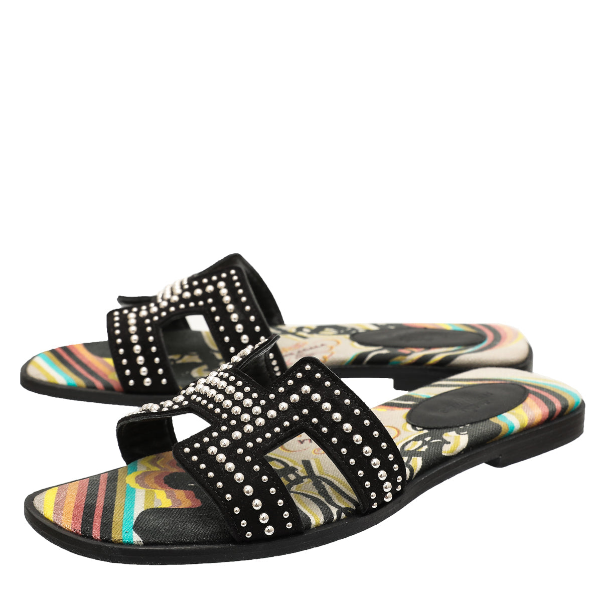 Hermes Noir Oran Suede Goatskin Studs Sandal 36.5