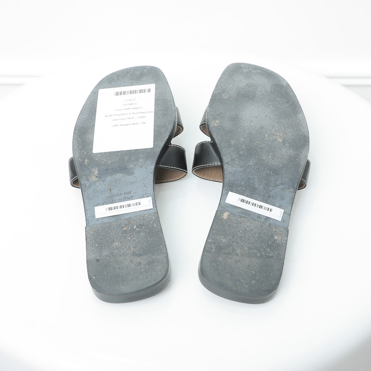 Hermes Noir Piquires Oran Slippers 37