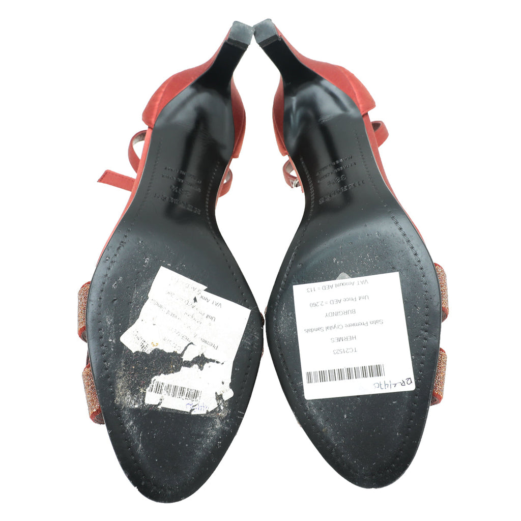 Hermes Burgundy Satin Premiere Crystal Sandals 38.5
