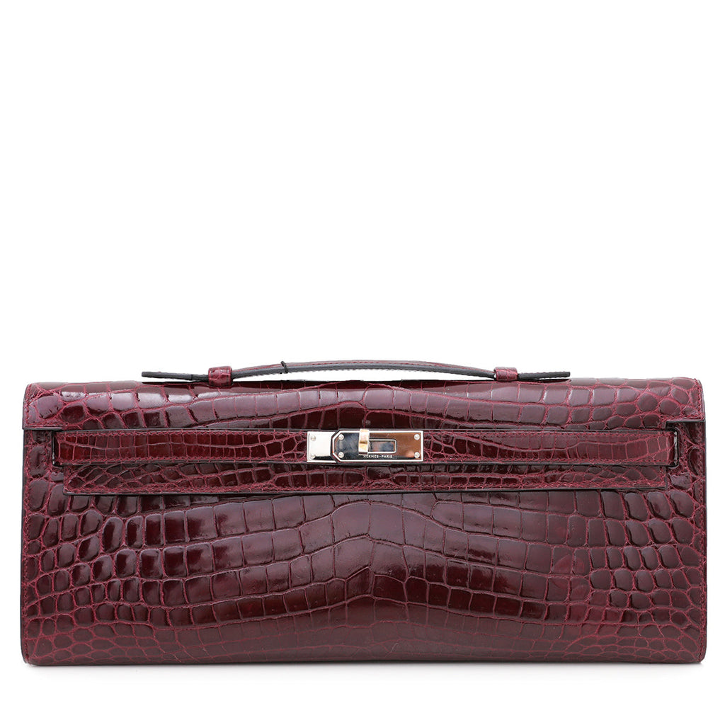 Hermes Bordeaux Shiny Niloticus Crocodile Kelly Cut Clutch