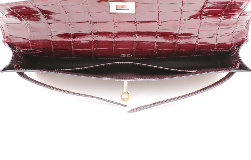 Hermes Bordeaux Shiny Niloticus Crocodile Kelly Cut Clutch