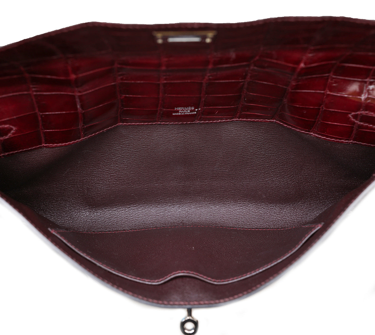Hermes Bordeaux Shiny Niloticus Crocodile Kelly Cut Clutch