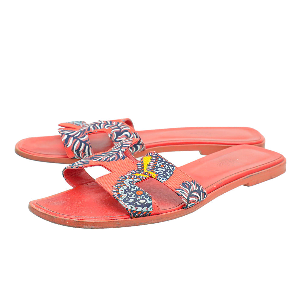 Hermes Orange Multicolor Sous L'egide De Mars Silk Oran Sandals 41