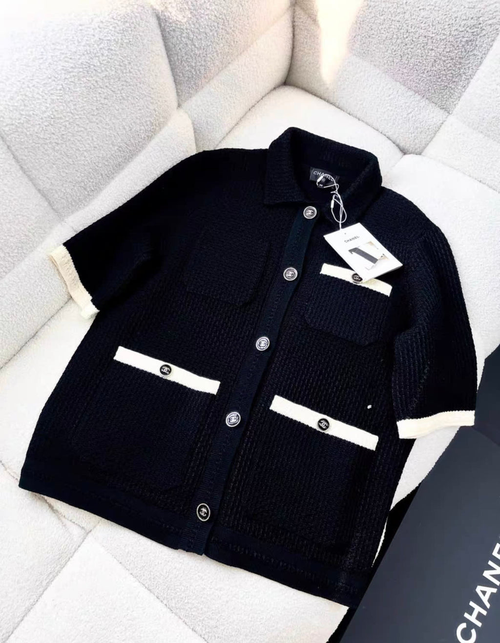 Chanel 24P black white edge knitted cardigan