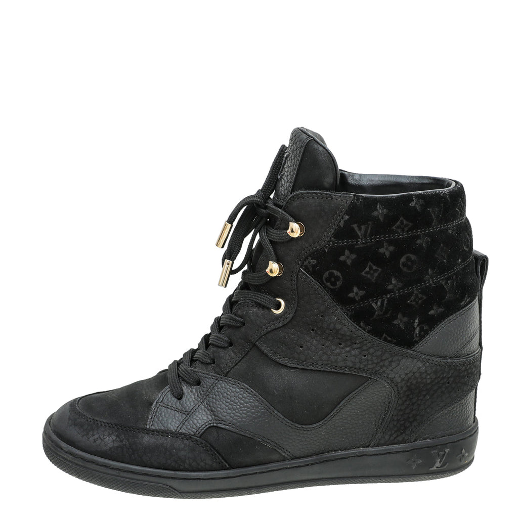 Louis Vuitton Black Monogram Suede Cliff Wedge Sneaker 38
