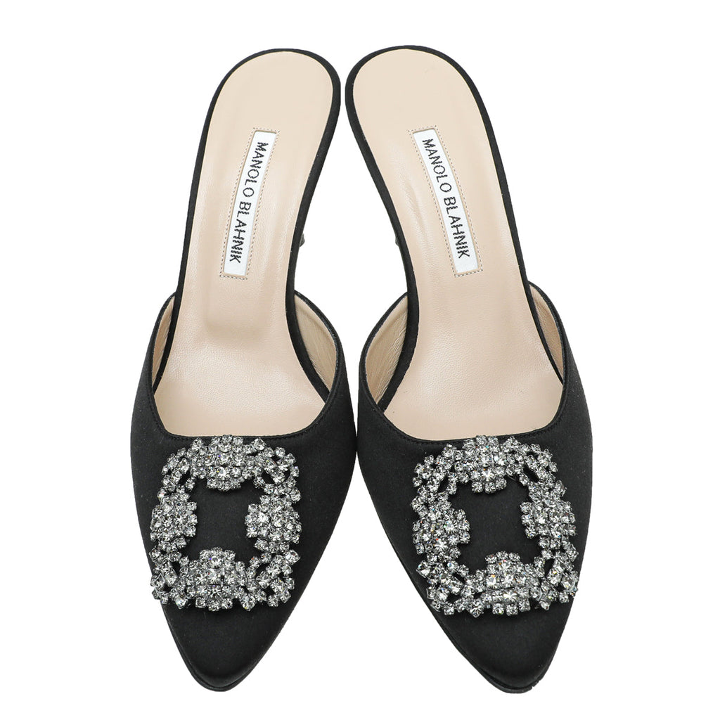 Manolo Blahnik Black Satin Hangisi Mules 38