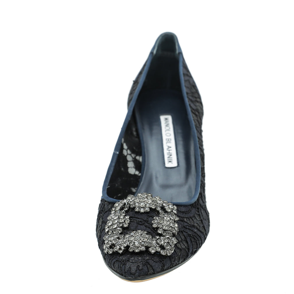 Manolo Blahnik Navy Lace Hangisi Pump 38