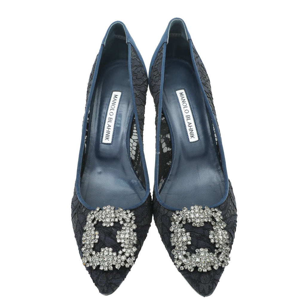 Manolo Blahnik Navy Lace Hangisi Pump 38