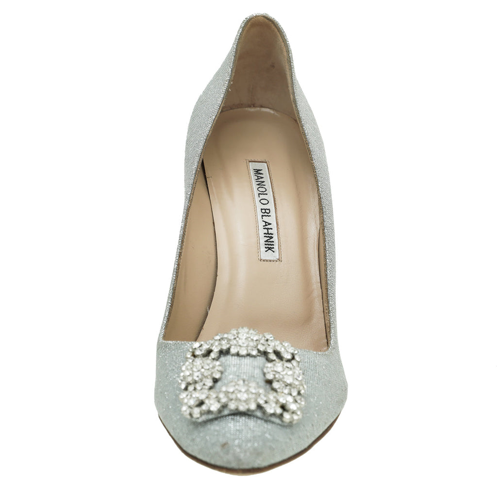 Manolo Blahnik Silver Notturno Glitter Hangisi Bride Pump 39