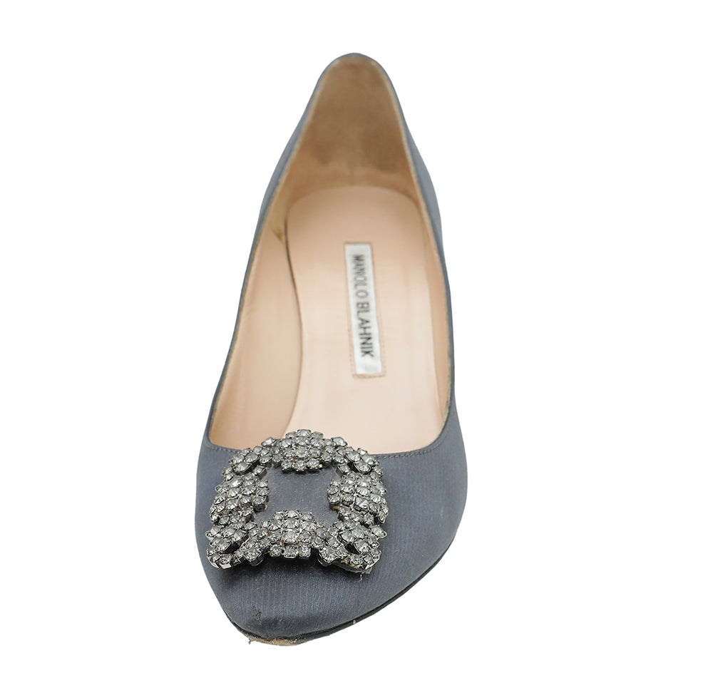 Manolo Blahnik Dark Gray Satin Hangisi Pumps 38