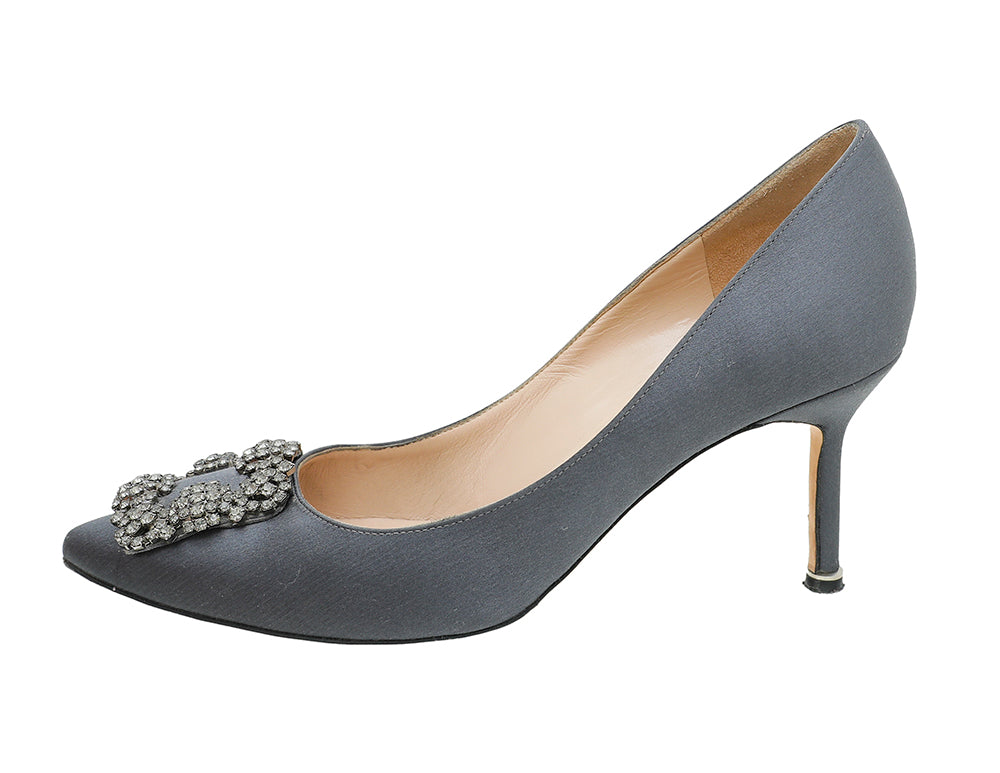 Manolo Blahnik Dark Gray Satin Hangisi Pumps 38