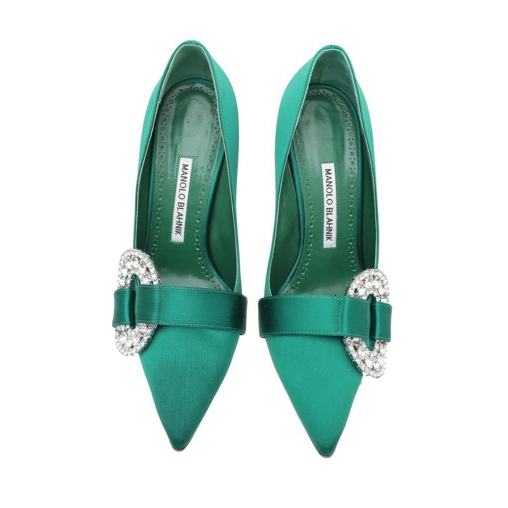 Manolo Blahnik Emerald Green Satin Tartonacri Pump 37.5