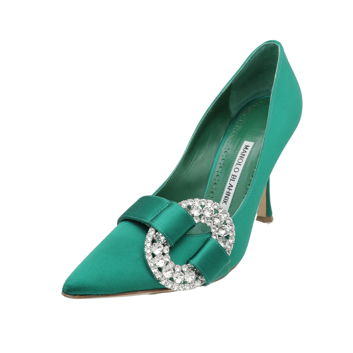 Manolo Blahnik Emerald Green Satin Tartonacri Pump 37.5