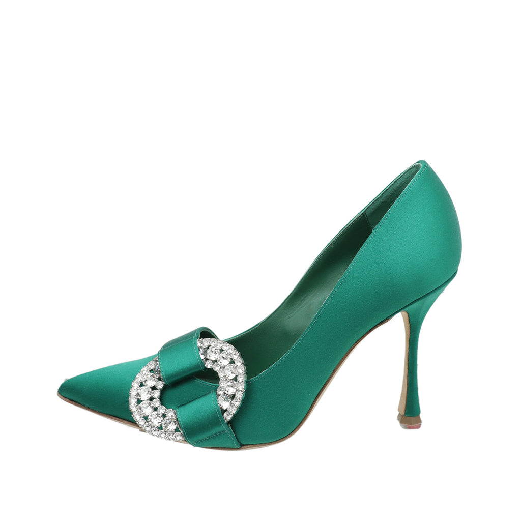 Manolo Blahnik Emerald Green Satin Tartonacri Pump 37.5