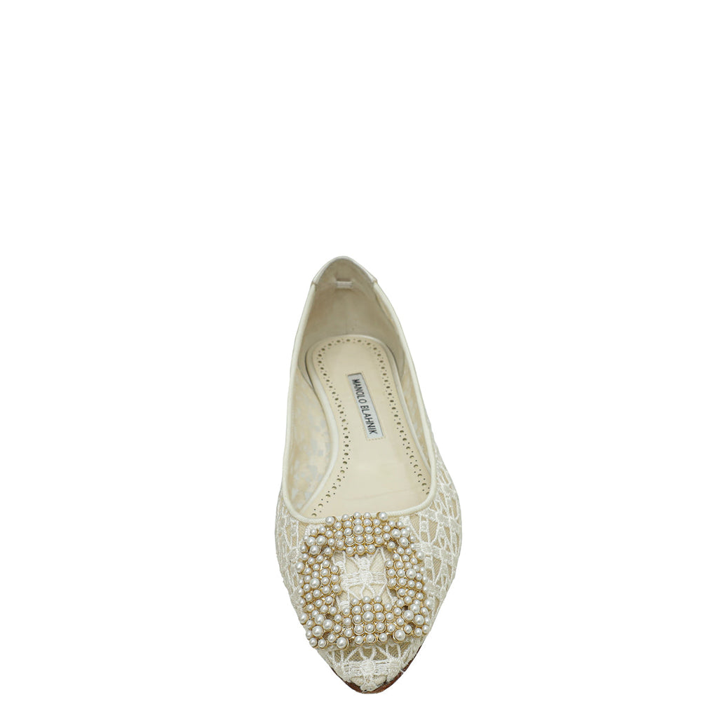 Manolo Blahnik White Hangisi Lace Ballerina Flat 39