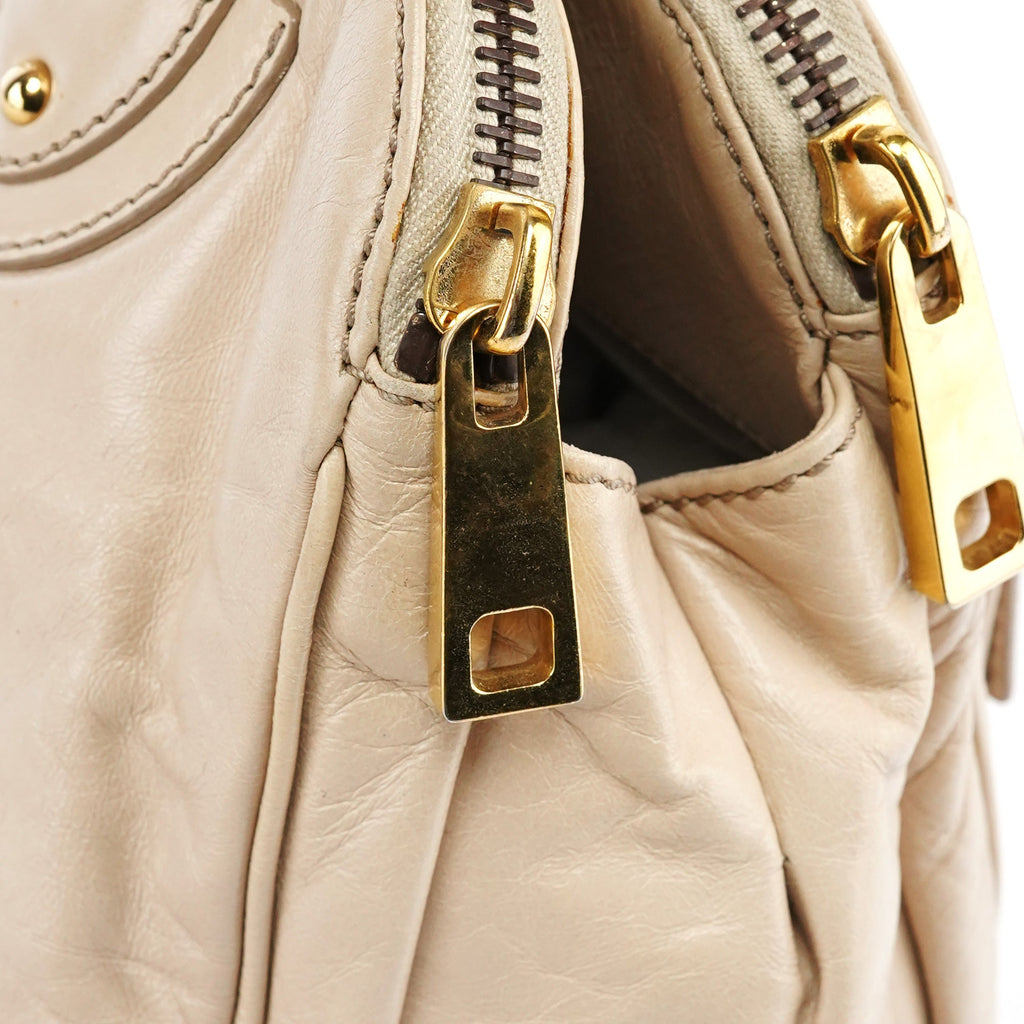 Beige Leather Double Pocket Top Handle Bag