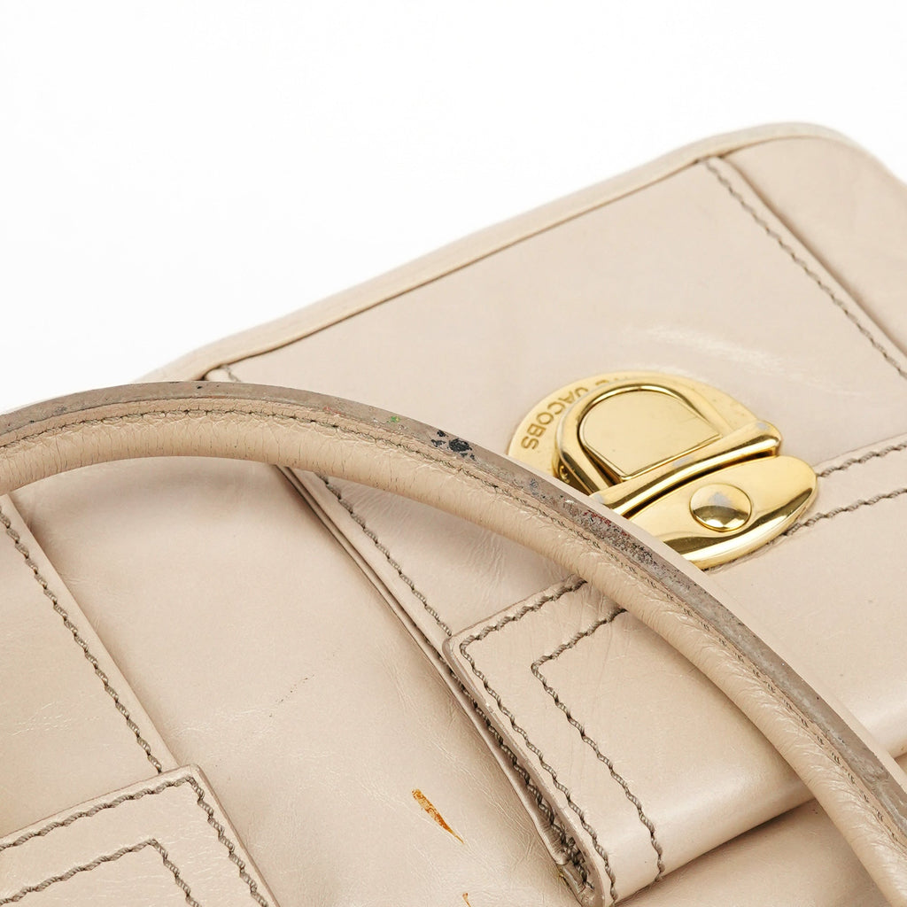 Beige Leather Double Pocket Top Handle Bag