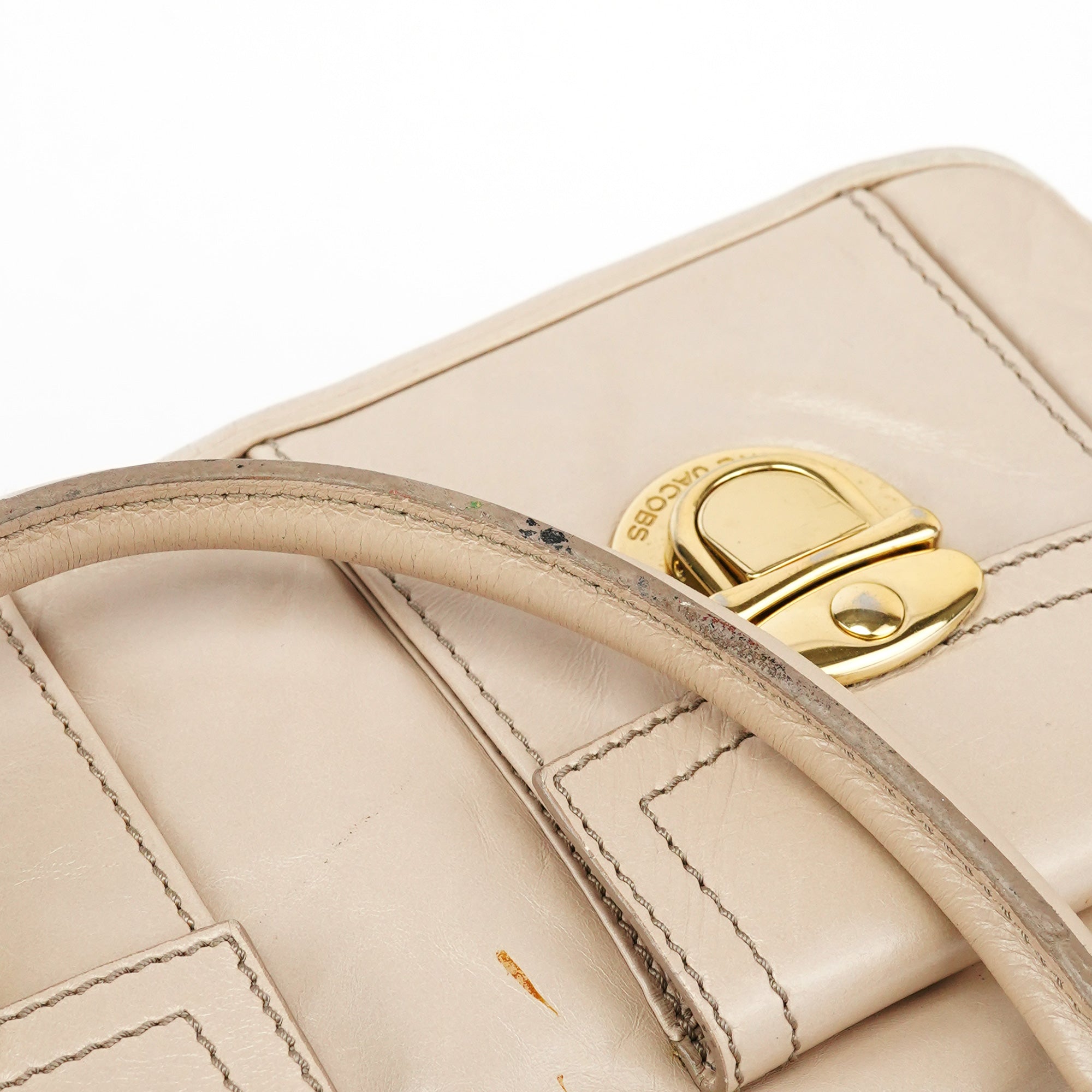 Beige Leather Double Pocket Top Handle Bag