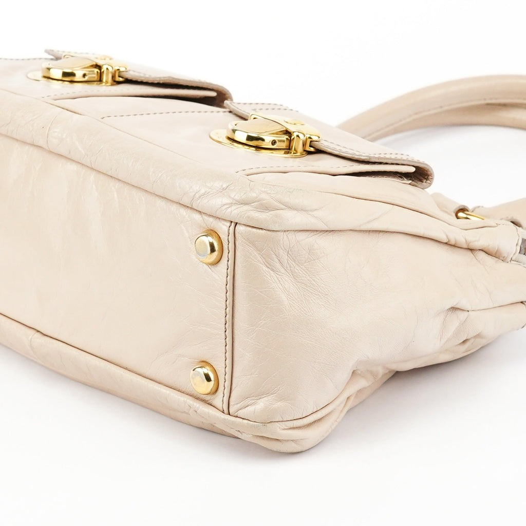 Beige Leather Double Pocket Top Handle Bag