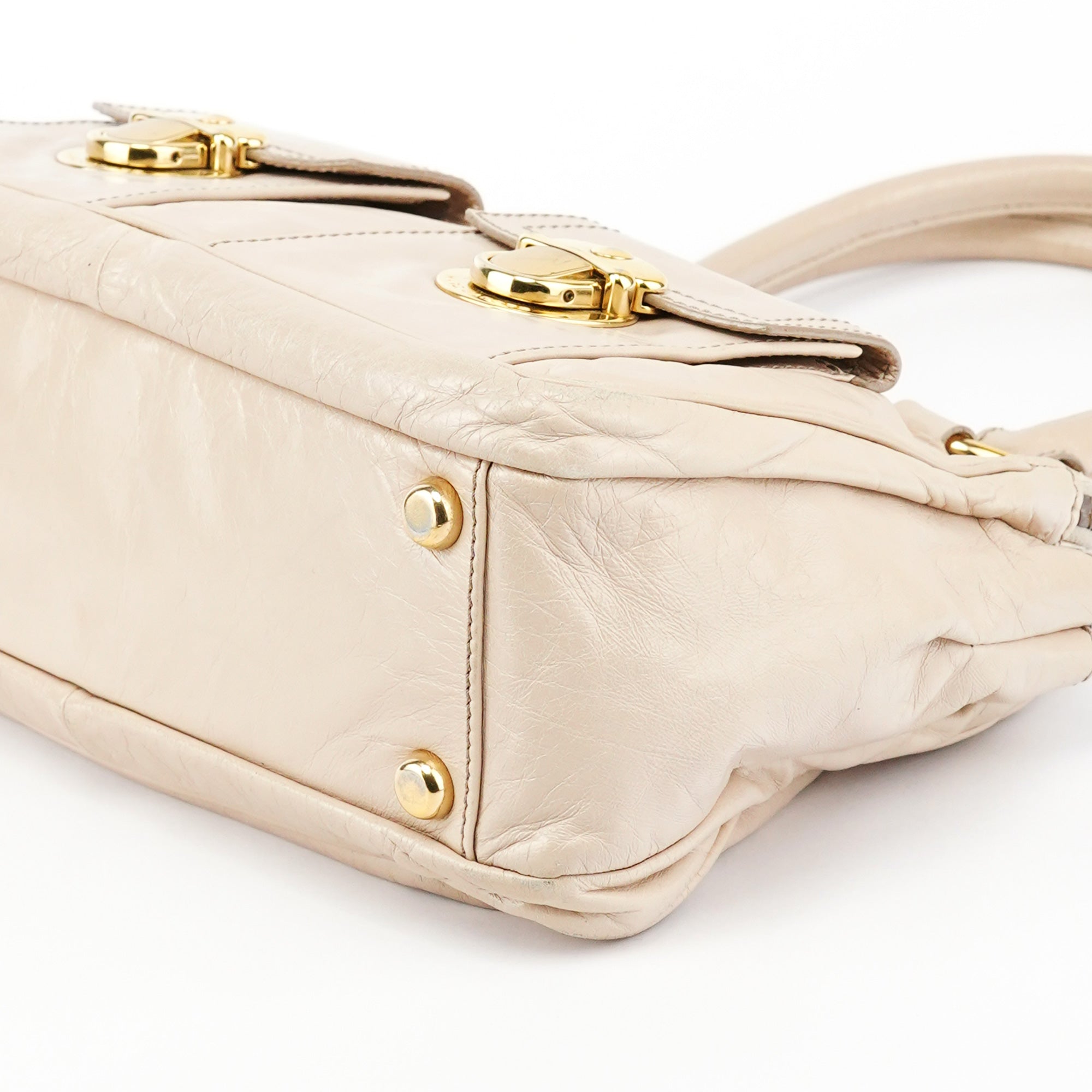 Beige Leather Double Pocket Top Handle Bag