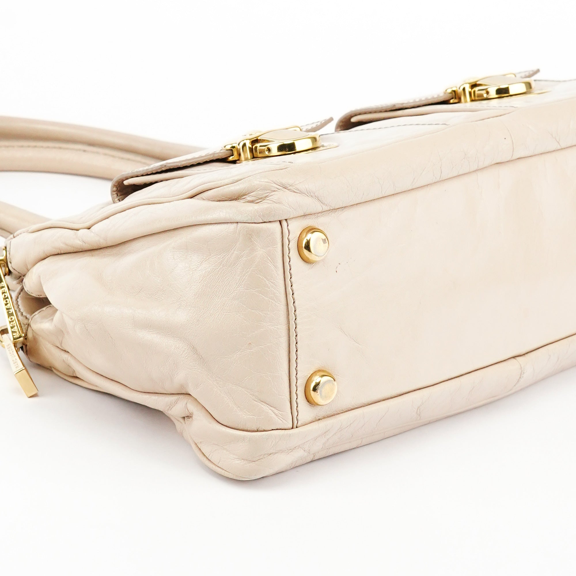 Beige Leather Double Pocket Top Handle Bag
