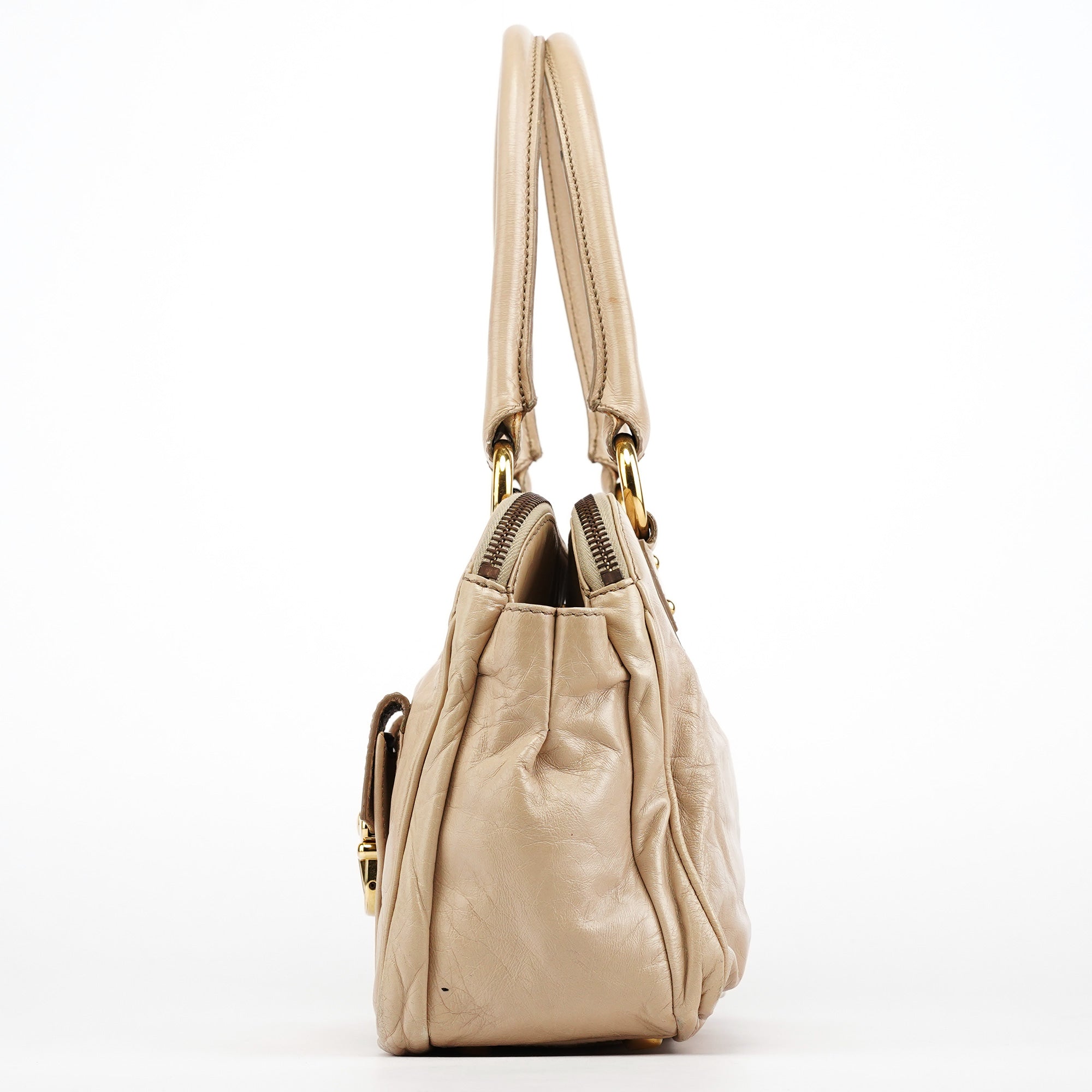 Beige Leather Double Pocket Top Handle Bag