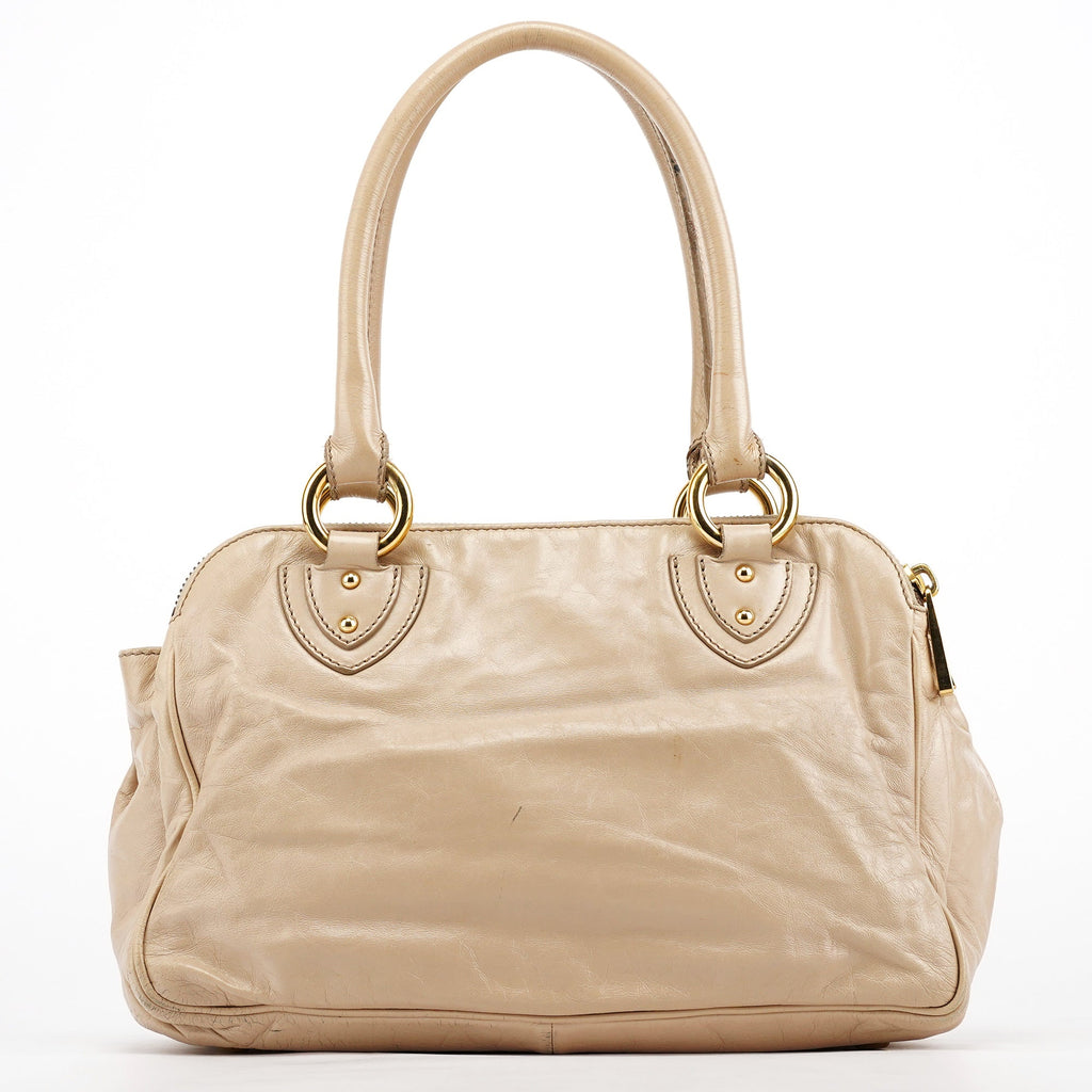 Beige Leather Double Pocket Top Handle Bag