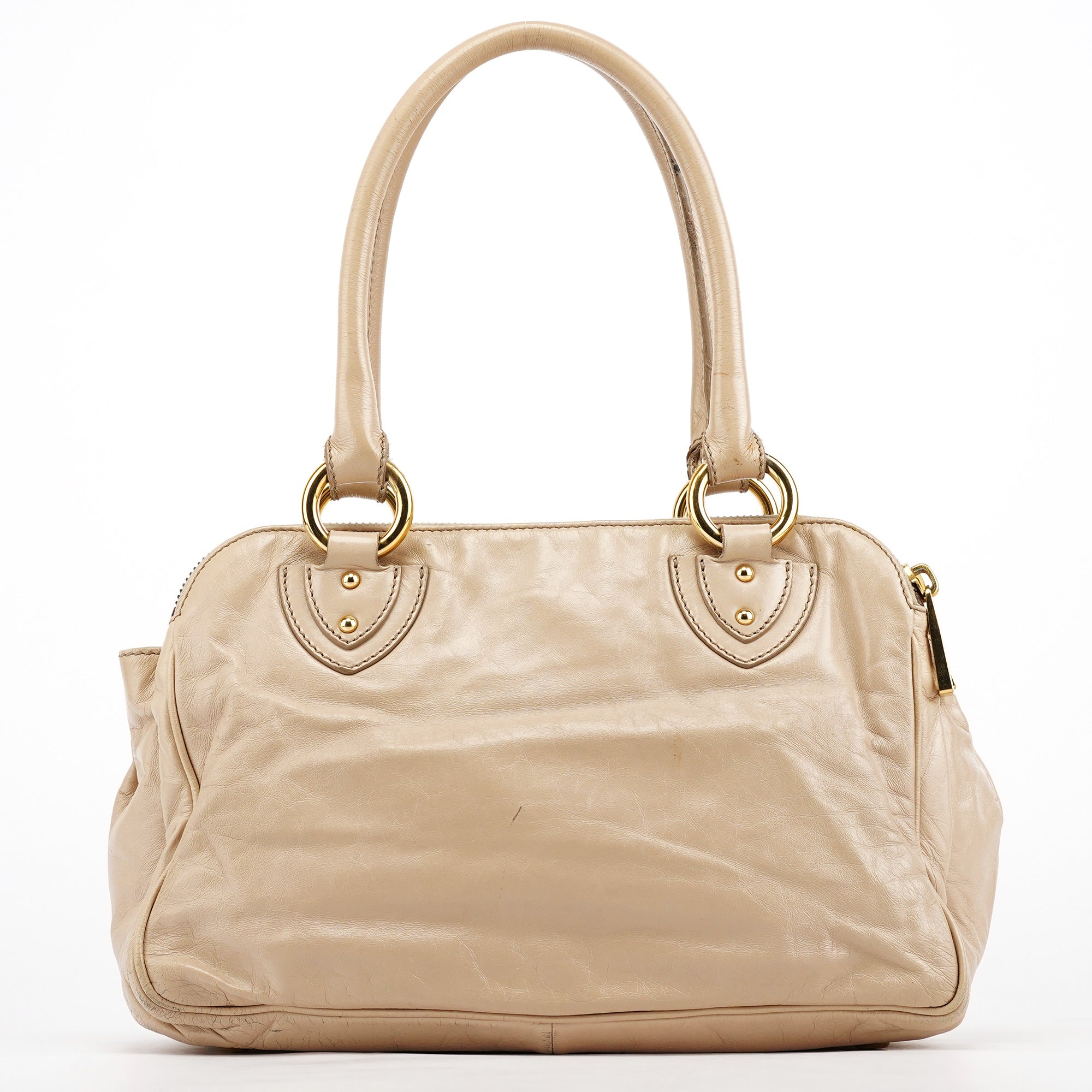 Beige Leather Double Pocket Top Handle Bag