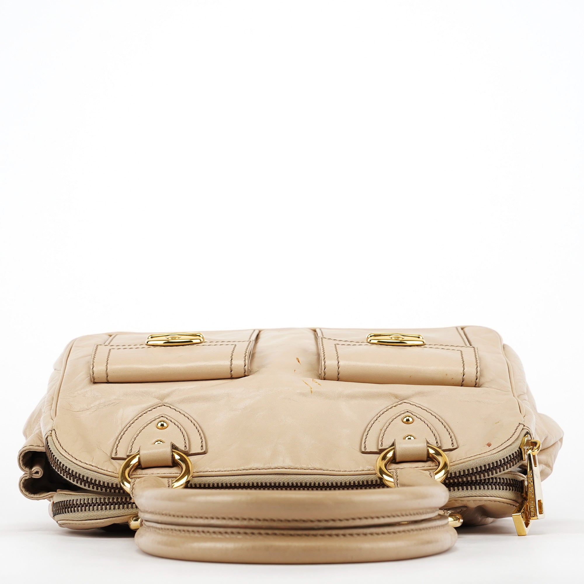 Beige Leather Double Pocket Top Handle Bag
