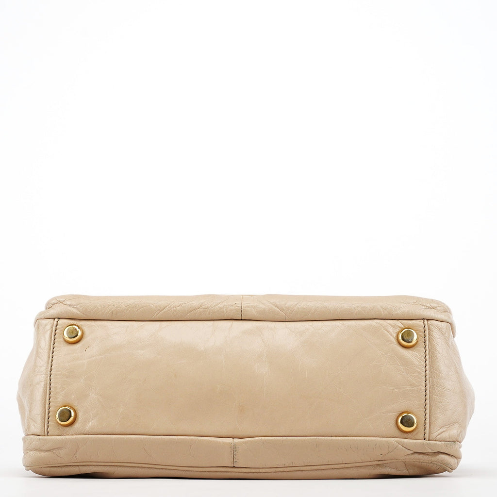 Beige Leather Double Pocket Top Handle Bag