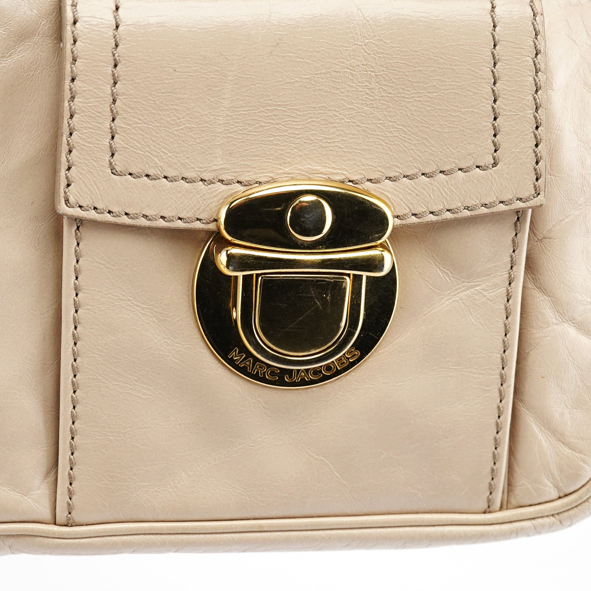 Beige Leather Double Pocket Top Handle Bag