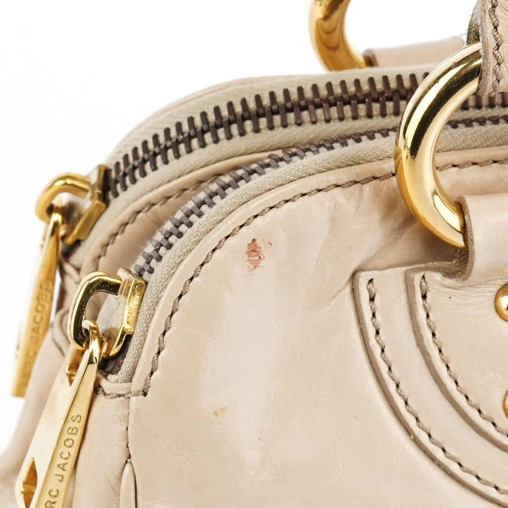 Beige Leather Double Pocket Top Handle Bag