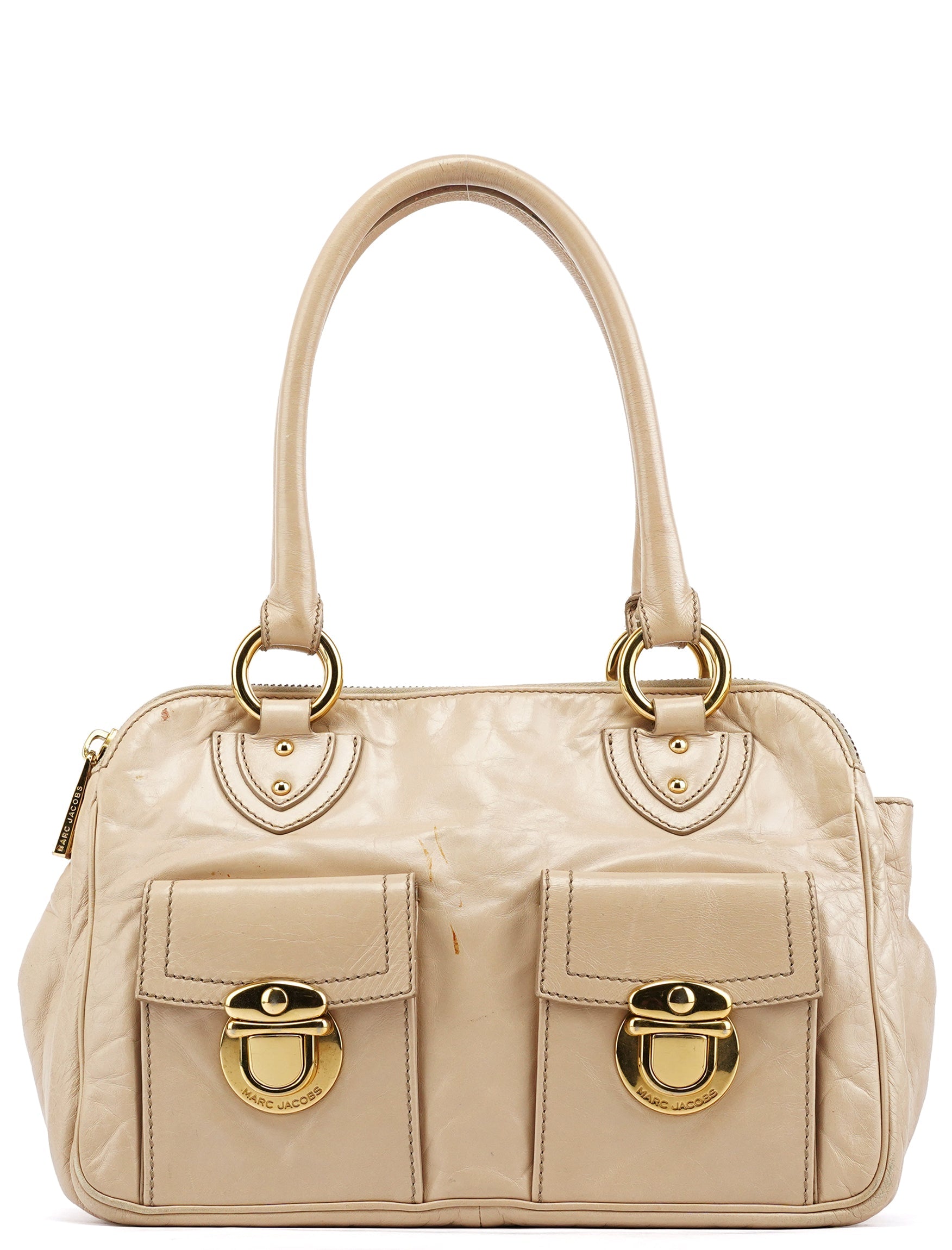Beige Leather Double Pocket Top Handle Bag