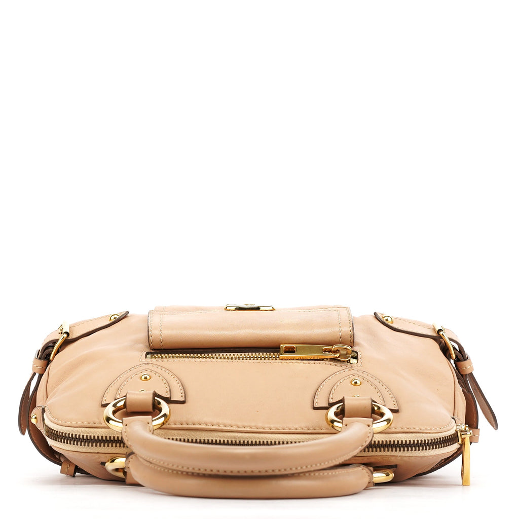 Beige Leather Top Handle Bag