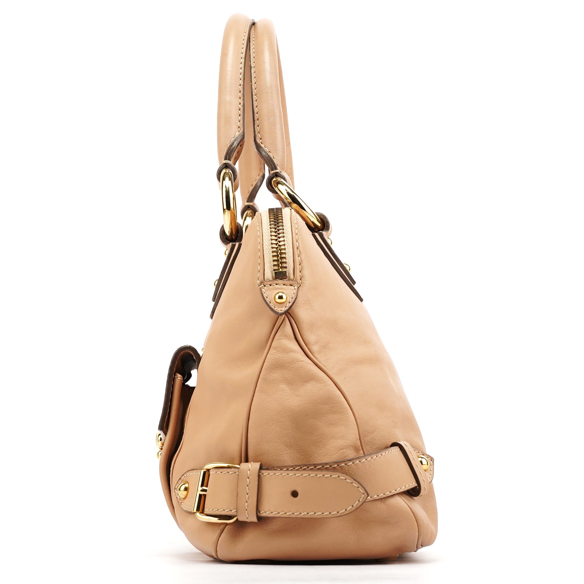 Beige Leather Top Handle Bag