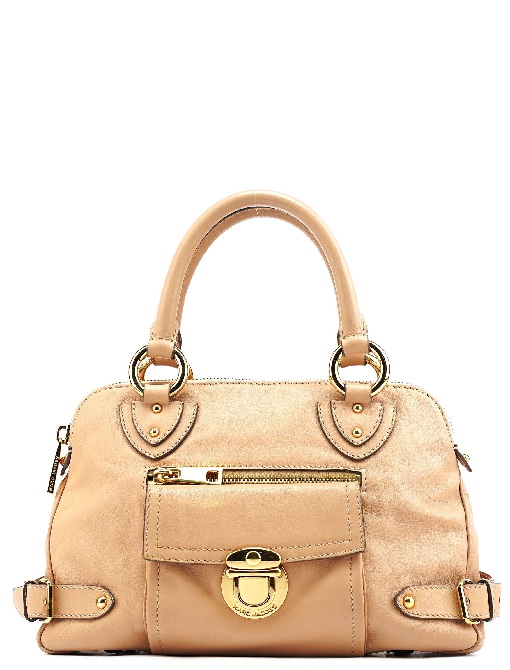 Beige Leather Top Handle Bag