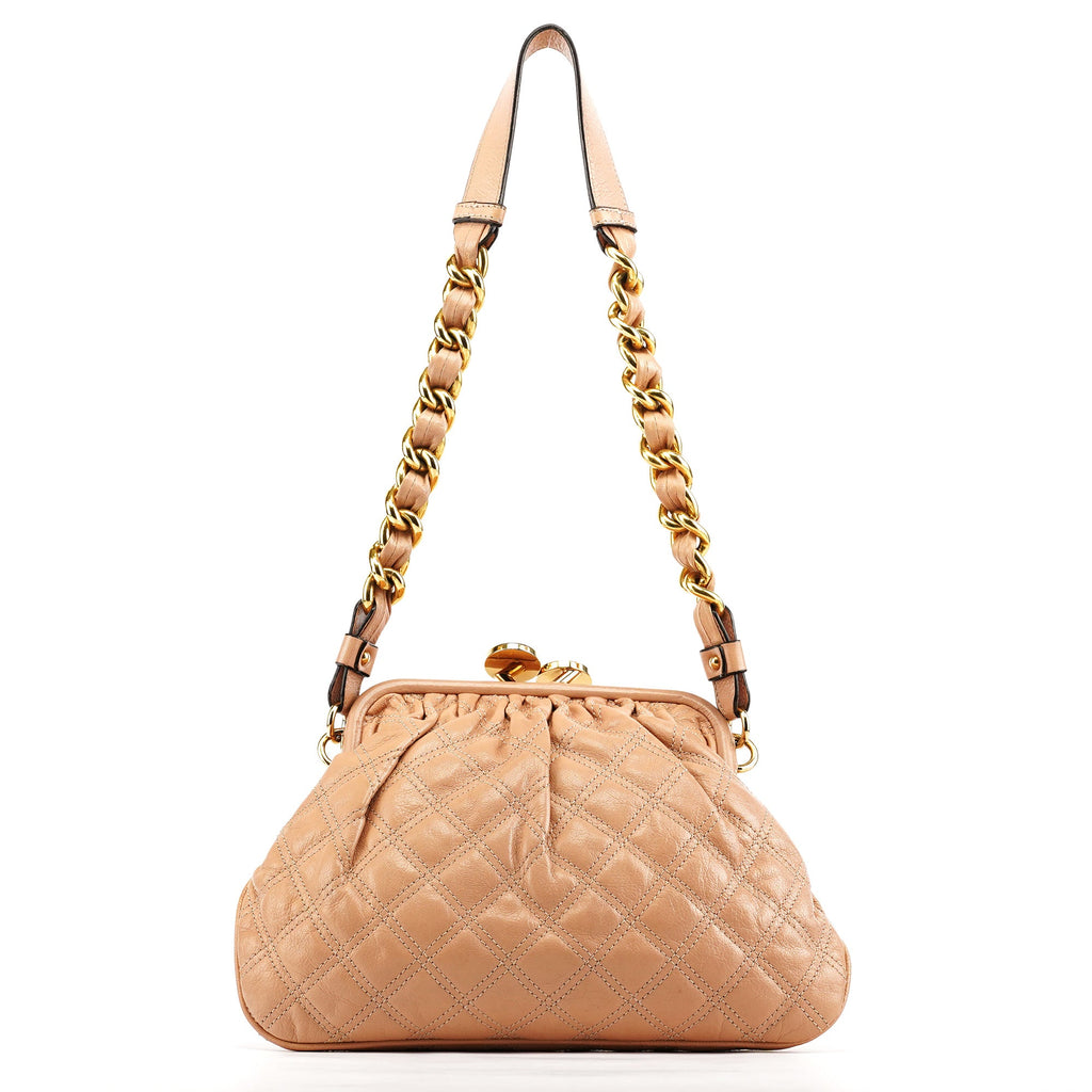 Beige Quilted Leather Stam Shoulder Bag