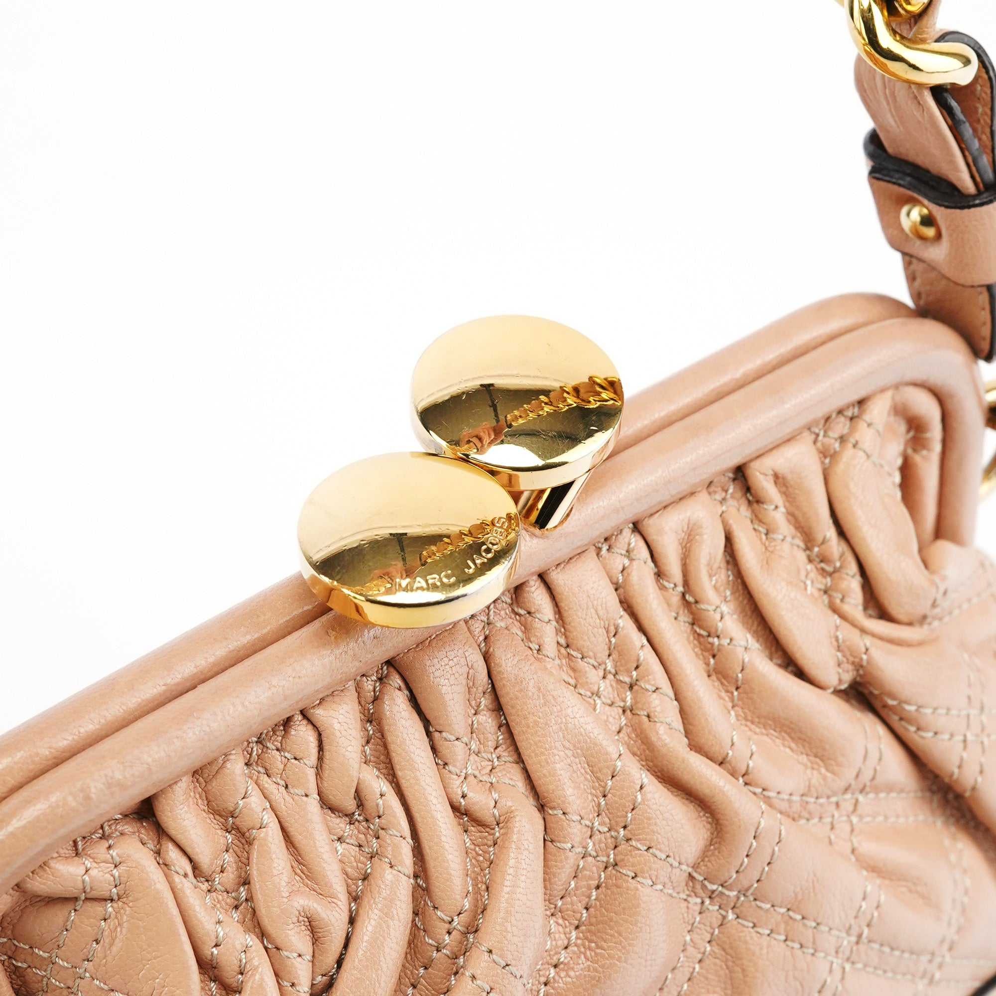 Beige Quilted Leather Stam Shoulder Bag