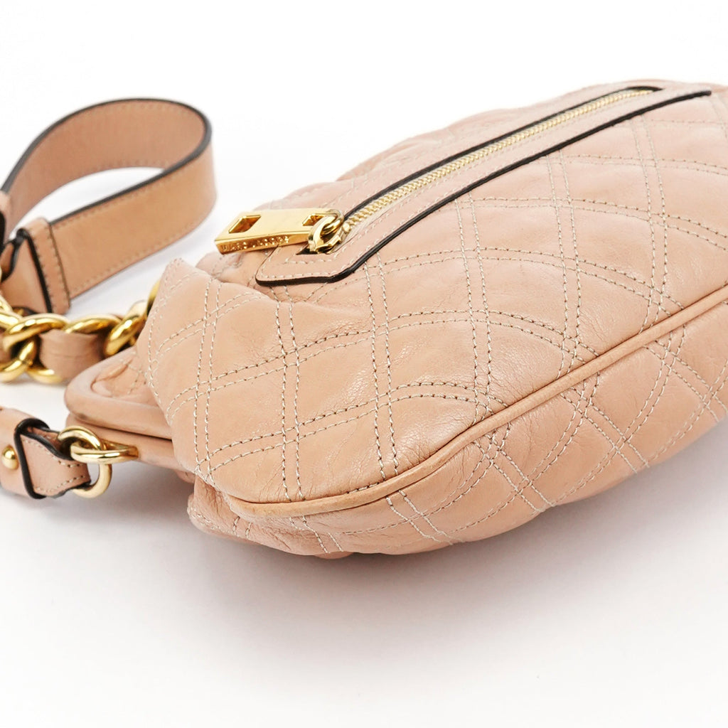 Beige Quilted Leather Stam Shoulder Bag