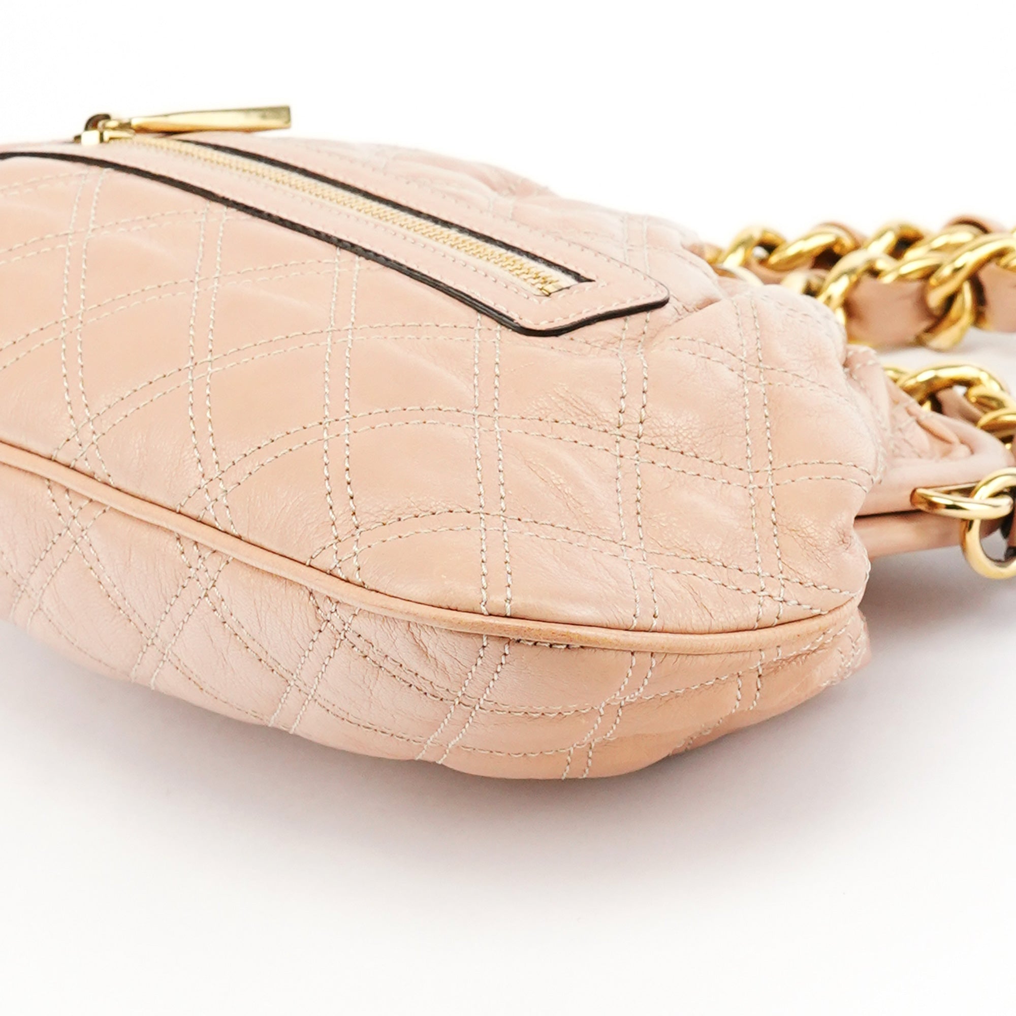 Beige Quilted Leather Stam Shoulder Bag