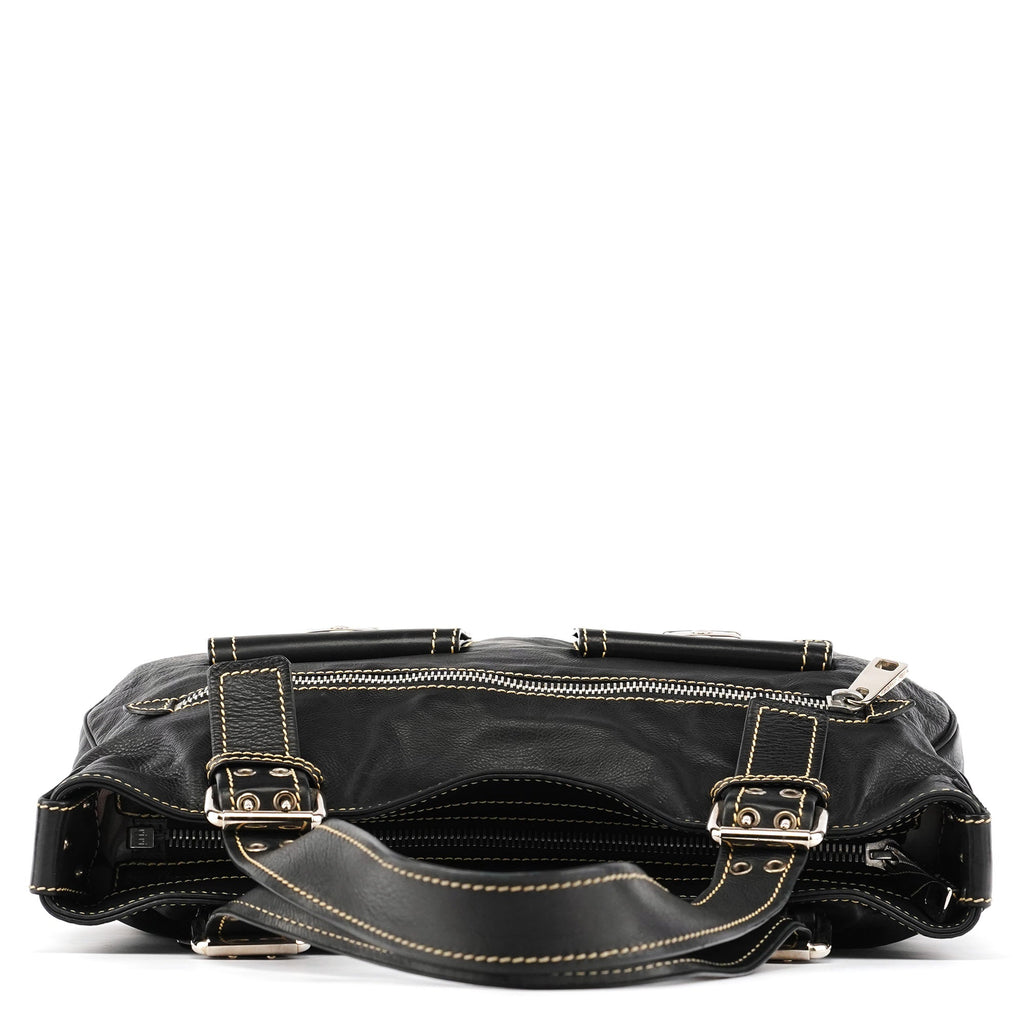 Black Leather Pocket Tote Bag