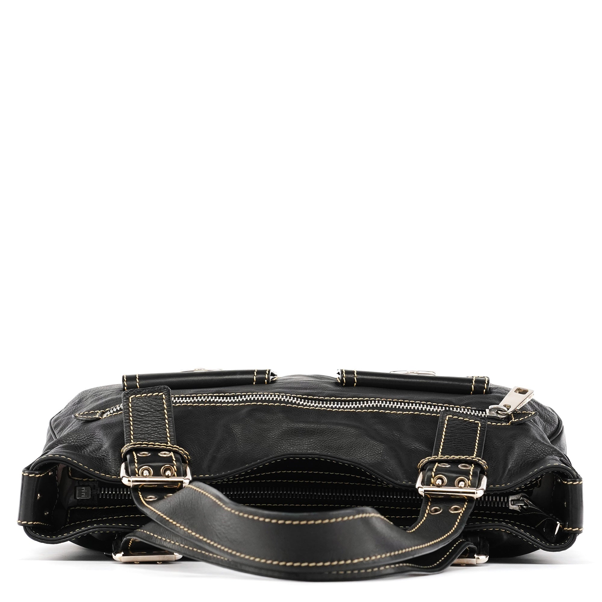 Black Leather Pocket Tote Bag