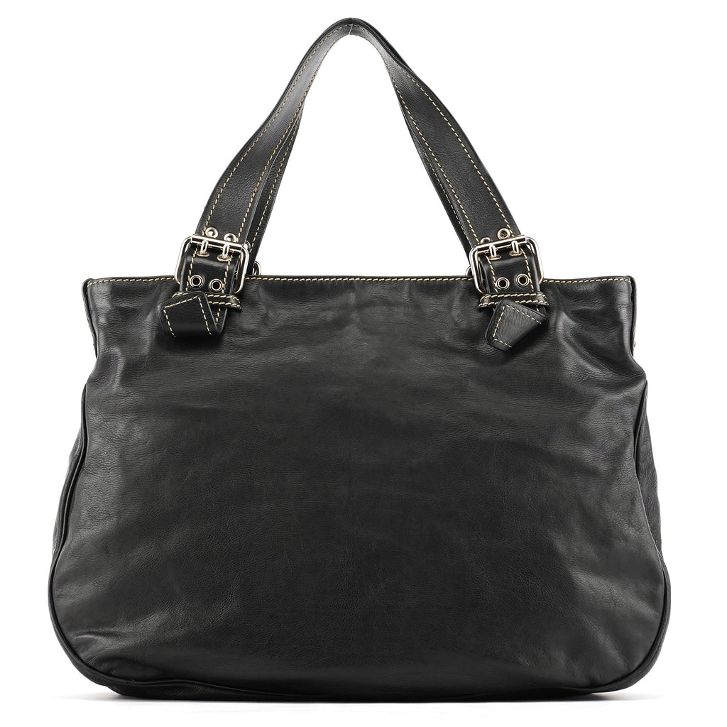 Black Leather Pocket Tote Bag