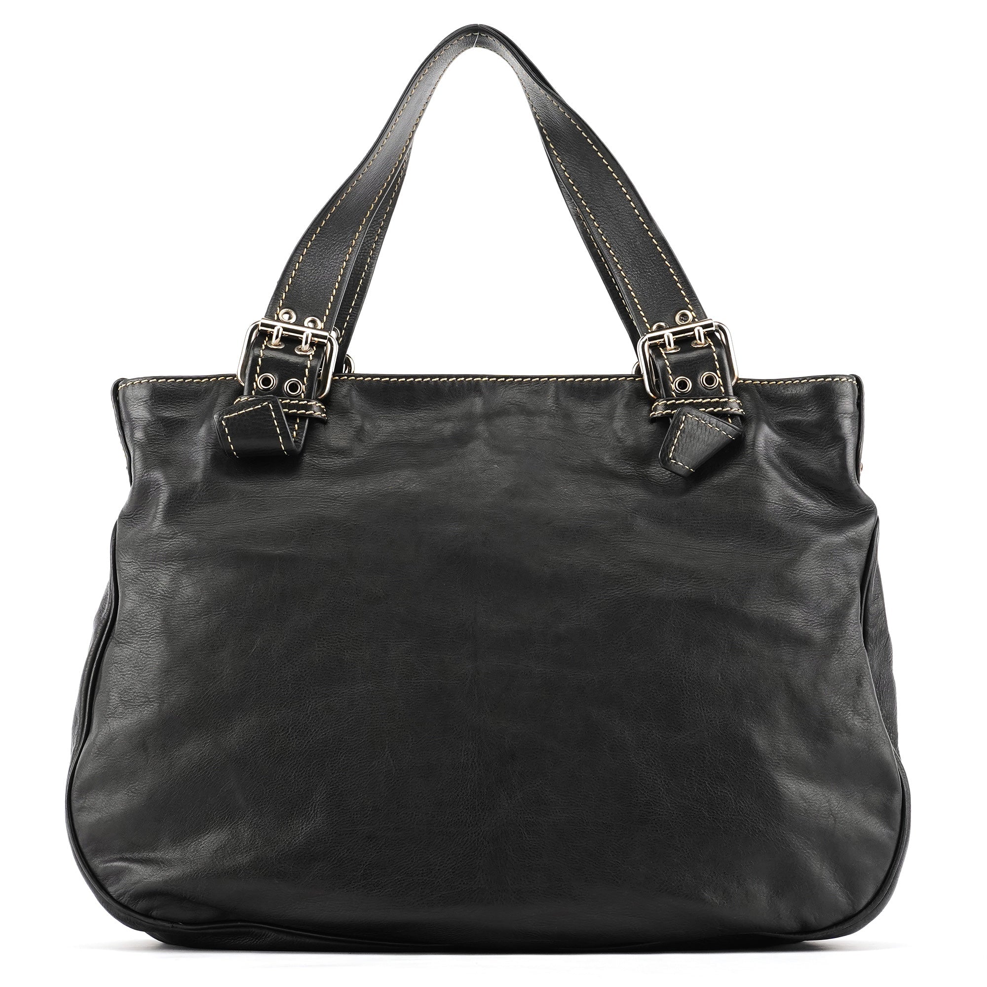 Black Leather Pocket Tote Bag