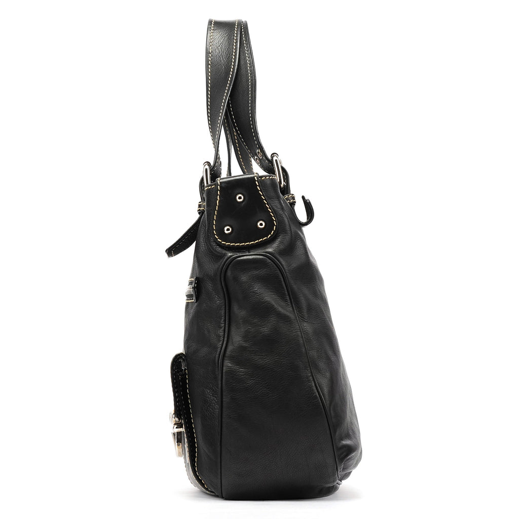 Black Leather Pocket Tote Bag