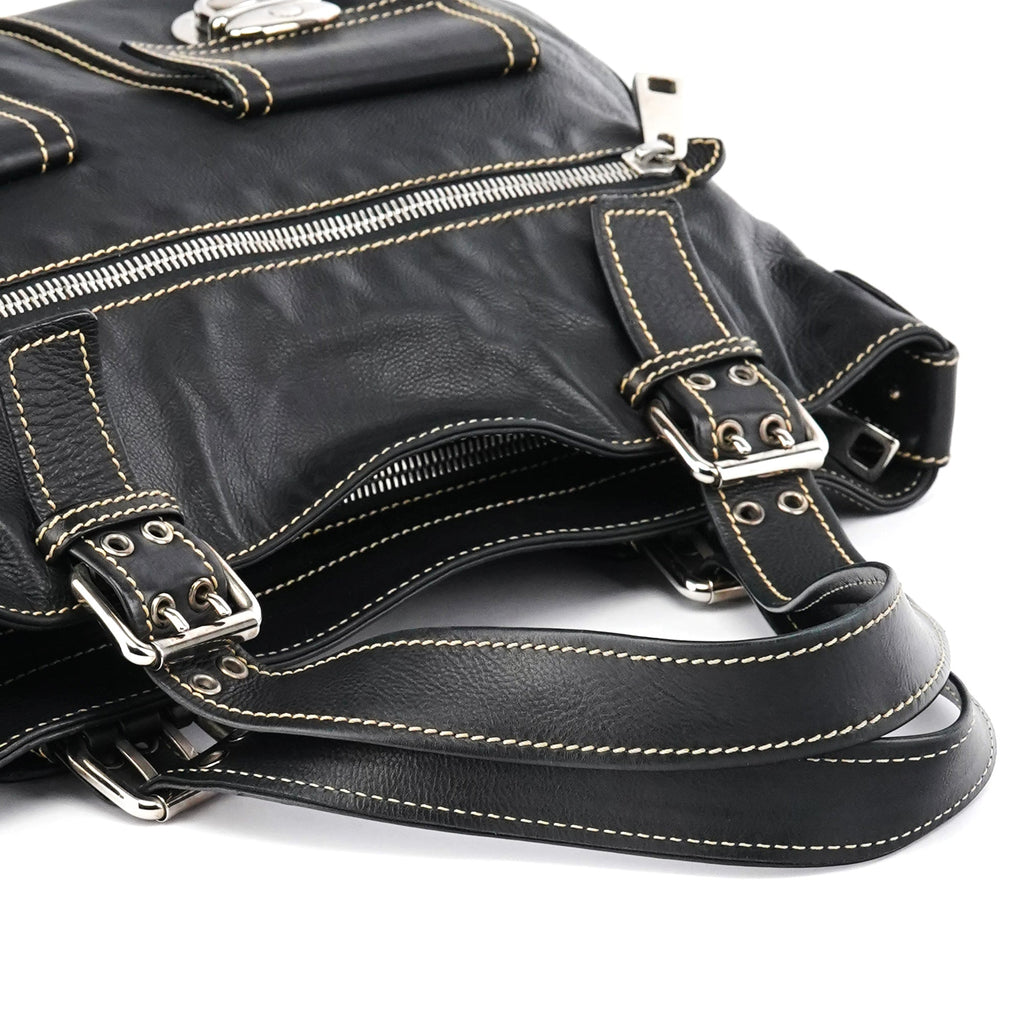 Black Leather Pocket Tote Bag