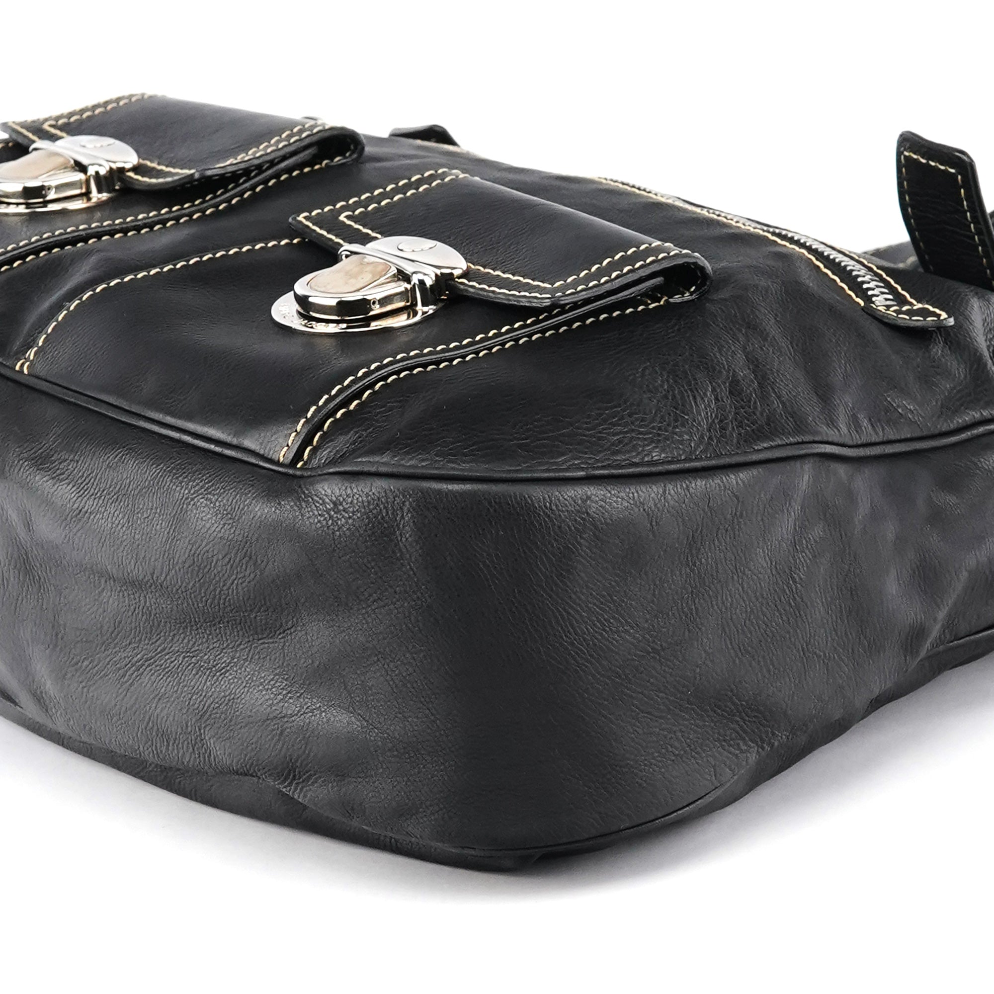 Black Leather Pocket Tote Bag