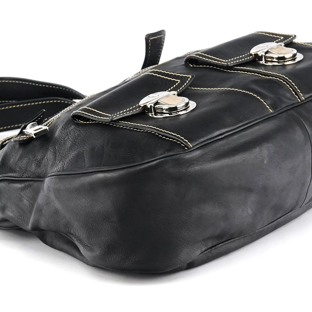 Black Leather Pocket Tote Bag
