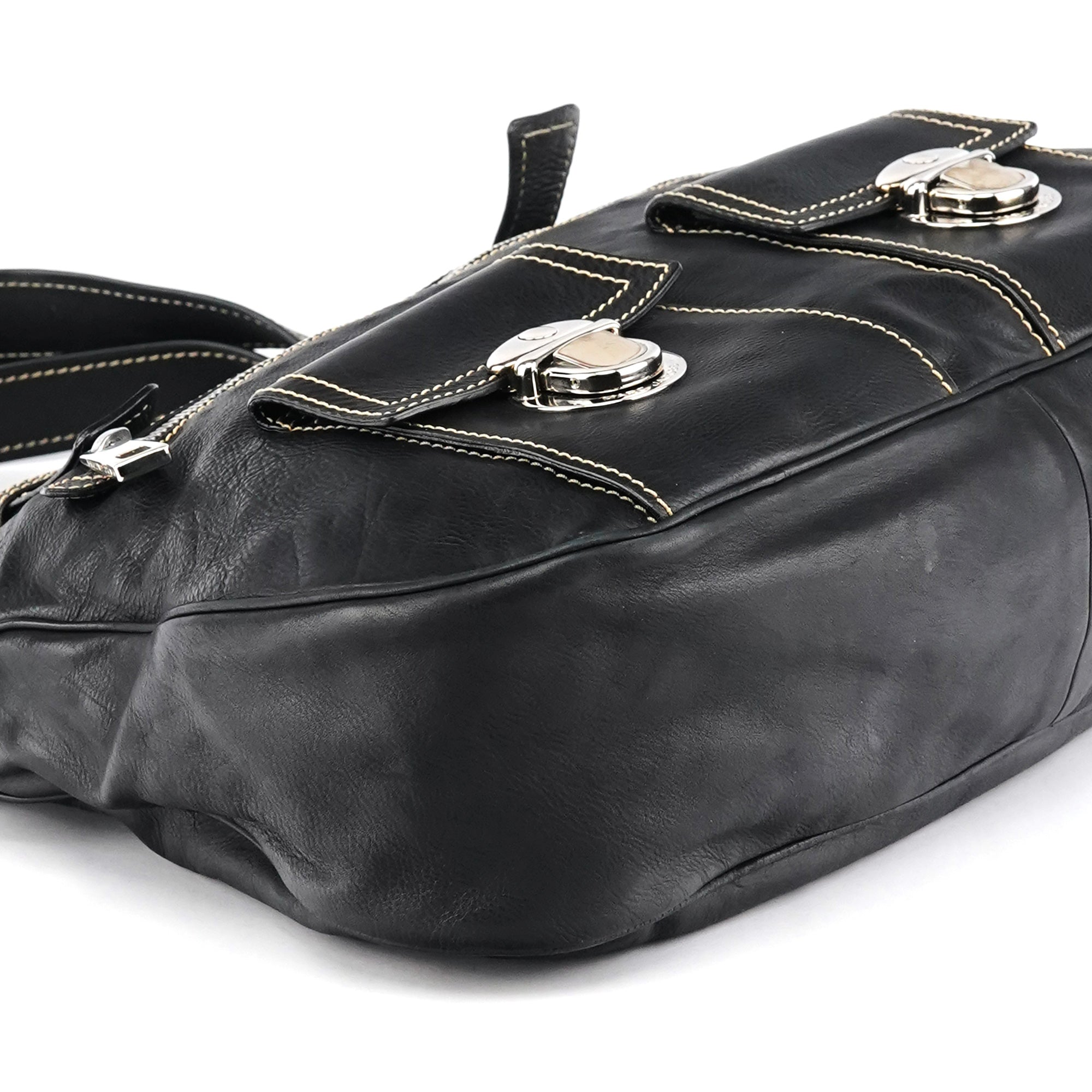 Black Leather Pocket Tote Bag